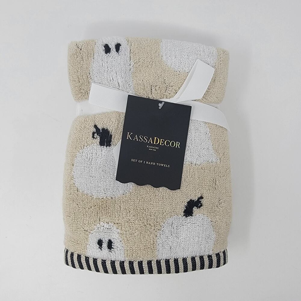 KassaDecor Hand Towels Set of 2 Ghost Pumpkins Halloween Beige White Black